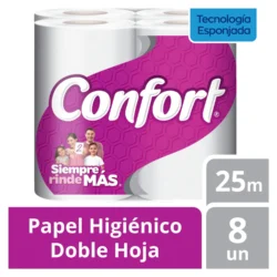 Papel Confort Higiénico doble hoja 25 mt 8 Rollos